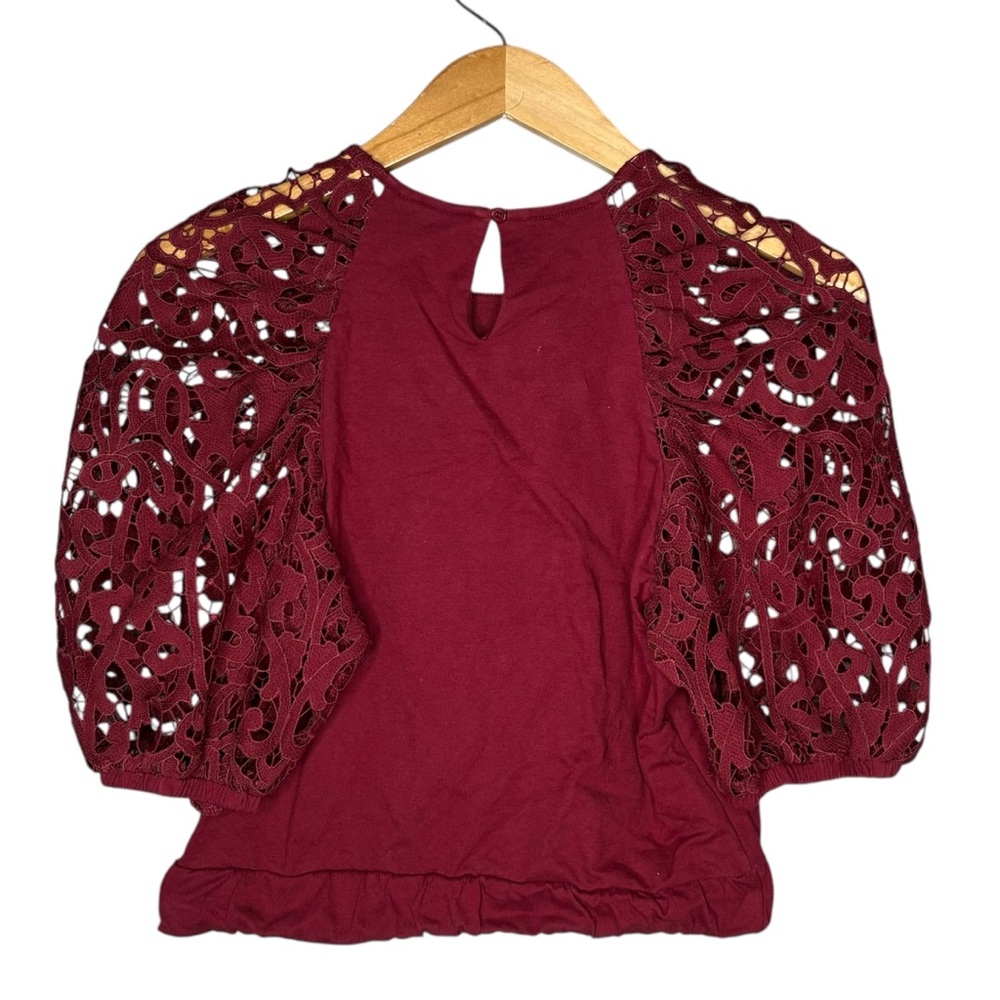 Anthropologie Dolan puffed lace sleeve wine Red Top women’s size small - Picture 3 of 6